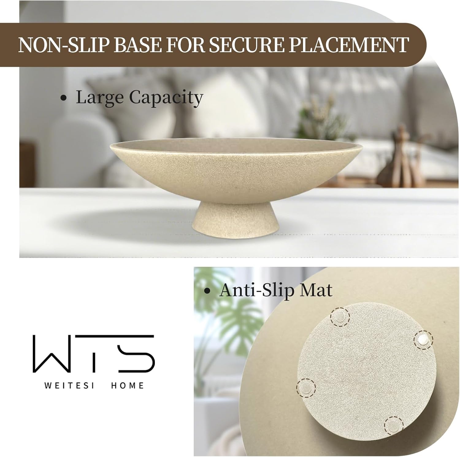 Large Decorative Fruit Bowl for Kitchen Counter, Modern Resin Pedestal Bowl for Home Decor, Stylish Key Bowl for Entryway Table, Decorative Bowl for Coffee Table Decor, Artificial Stone Beige - Image 7