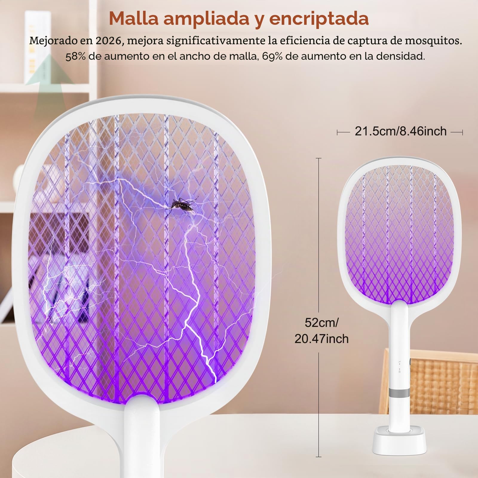 Matamoscas Eléctrico 5000V 1800mAh, Matamosca Eléctrico Extra Fuerte con Base de Carga USB C, Matamoscas Eléctrico 2 en 1 para Mosquitos, Moscas, Abejas, Avispas (2 PCS)