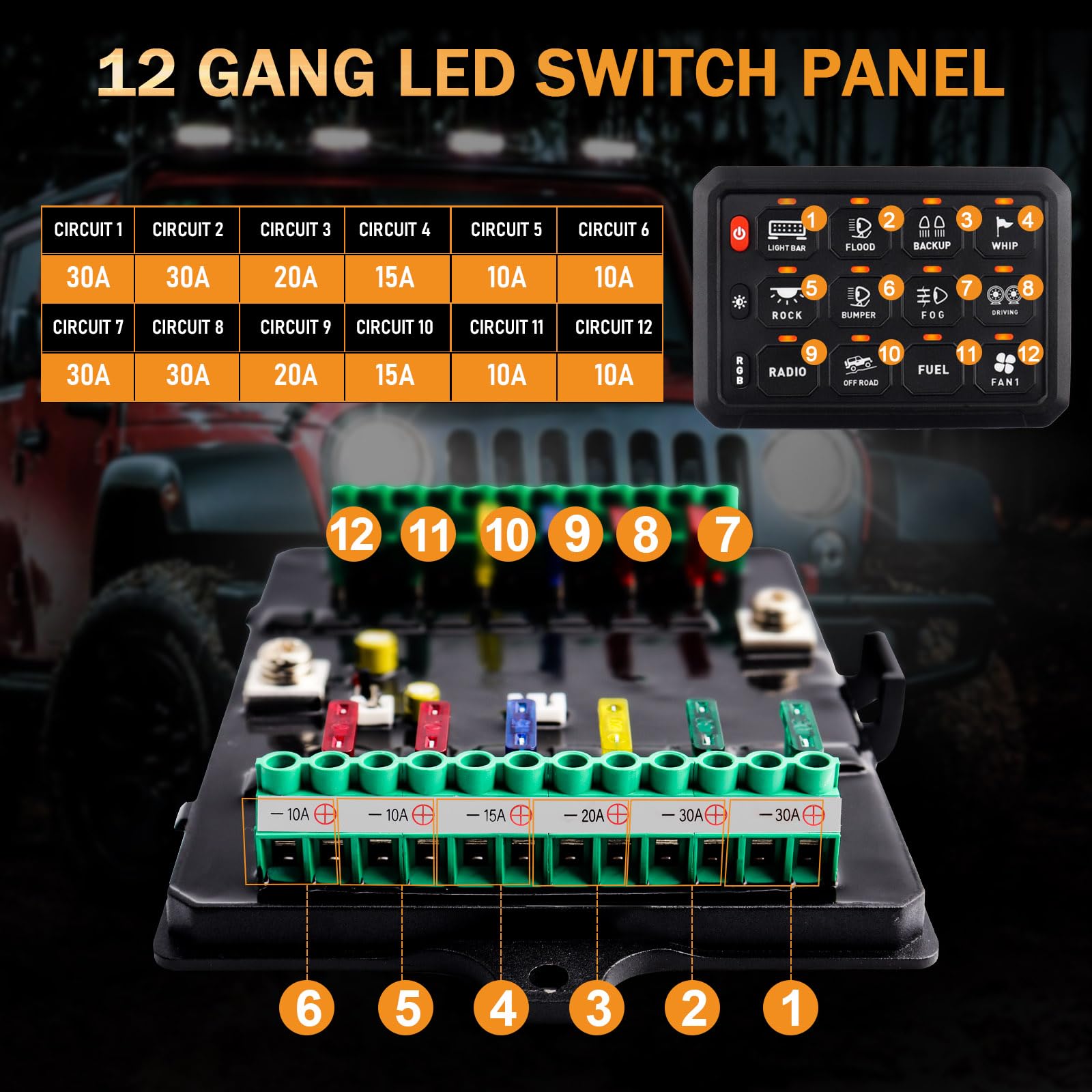 Chelhead Interruptor empotrable RGB de 12 grupos, circuito de control universal, sistema de relé de seguridad, arnés de cables para coche, camión, barco, ATV, UTV, SUV, multifuncional, 12-24 V | 12V 24V circuito de control universal sistema de relé arnés