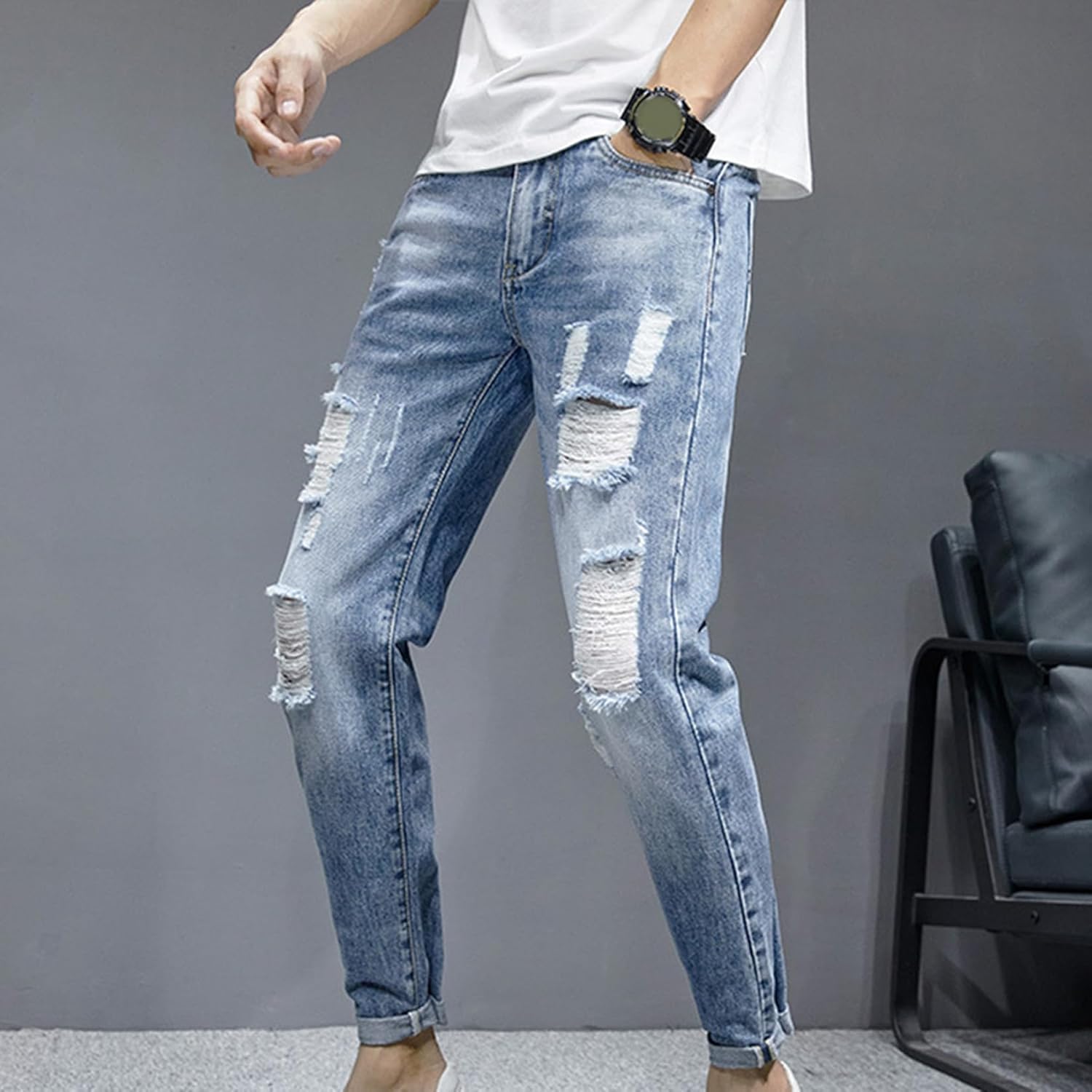[lsjdln] デニムパンツ メンズ 定番 ダメージジーンズ ジーパン スキニーパンツ 9分丈 カジュアル 春 夏 秋 メンズ デ