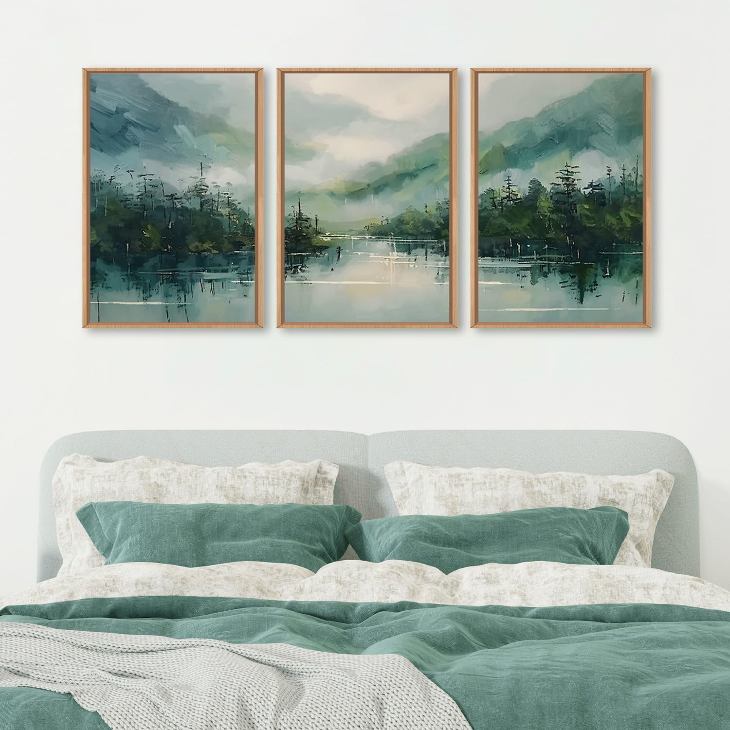 LHIUEM Large Mountain Tree Framed Canvas Wall Art Set,Modern White Forest Art Printing Country Minimalist Wood Wall Decor Farmhouse Zen Artwork for Living Room Bedroom Office-24x36x3