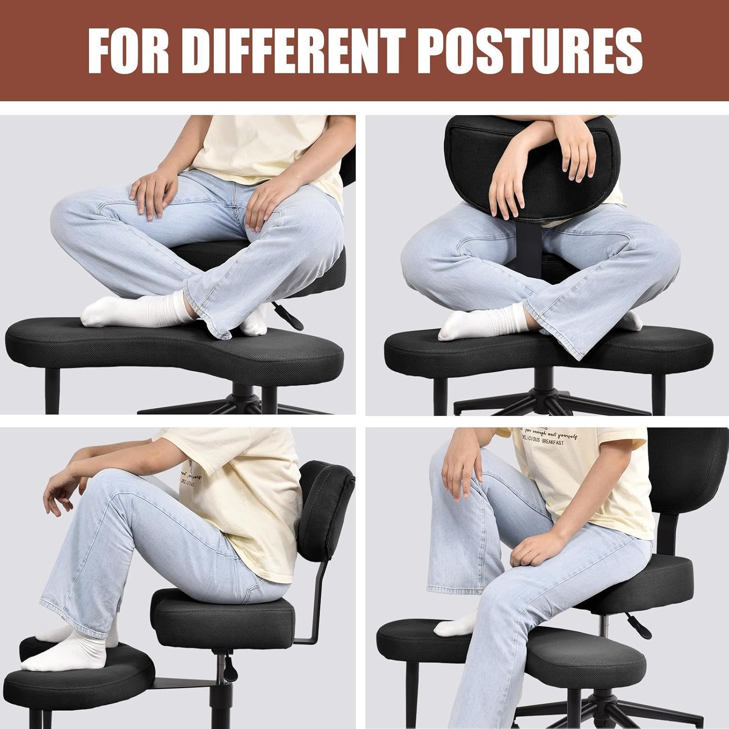 Cross Legged Meditation Chair Ergonomic Breathable Mesh Height Adjustable 18.7-23.2" 300 lbs Support 360° Swivel Casters & Footstool for Home Office Black
