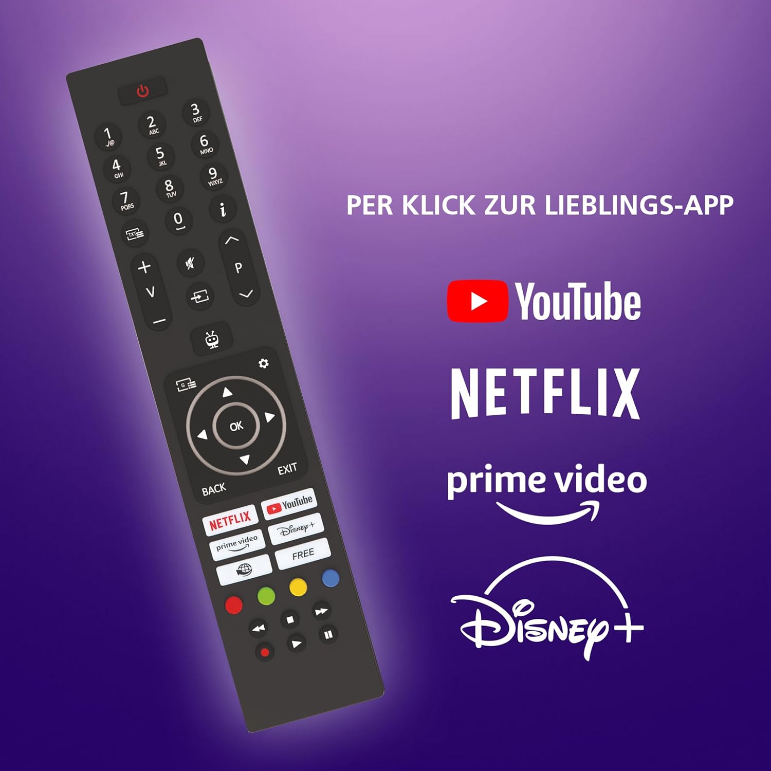 The JVC Smart TV remote control with dedicated buttons for popular streaming services like Netflix, Prime Video, Disney+, and YouTube, alongside standard navigation and control buttons.