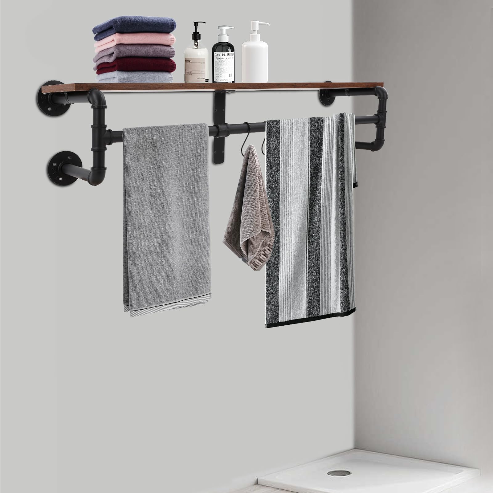 Wandgarderobe mit Ablage, Industrielle Kleiderstange zur Wandmontage, Wandregal mit 3 verstellbaren Haken, Wandmontiertes Hängeregal für Wohnzimmer, Schlafzimmern, Eingang, 100x22x25 cm (Schwarz)