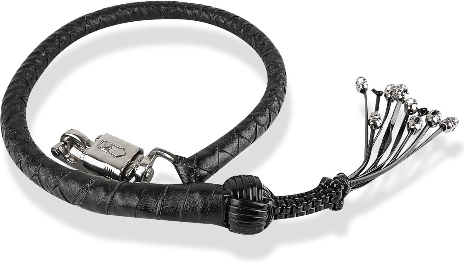 HADZAM Genuine Leather Motorcycle Get Back Whip 42” for Handlebar with Fringes and Quick Release Clasp (Black, 42 Inch (Skulls on Fringes))