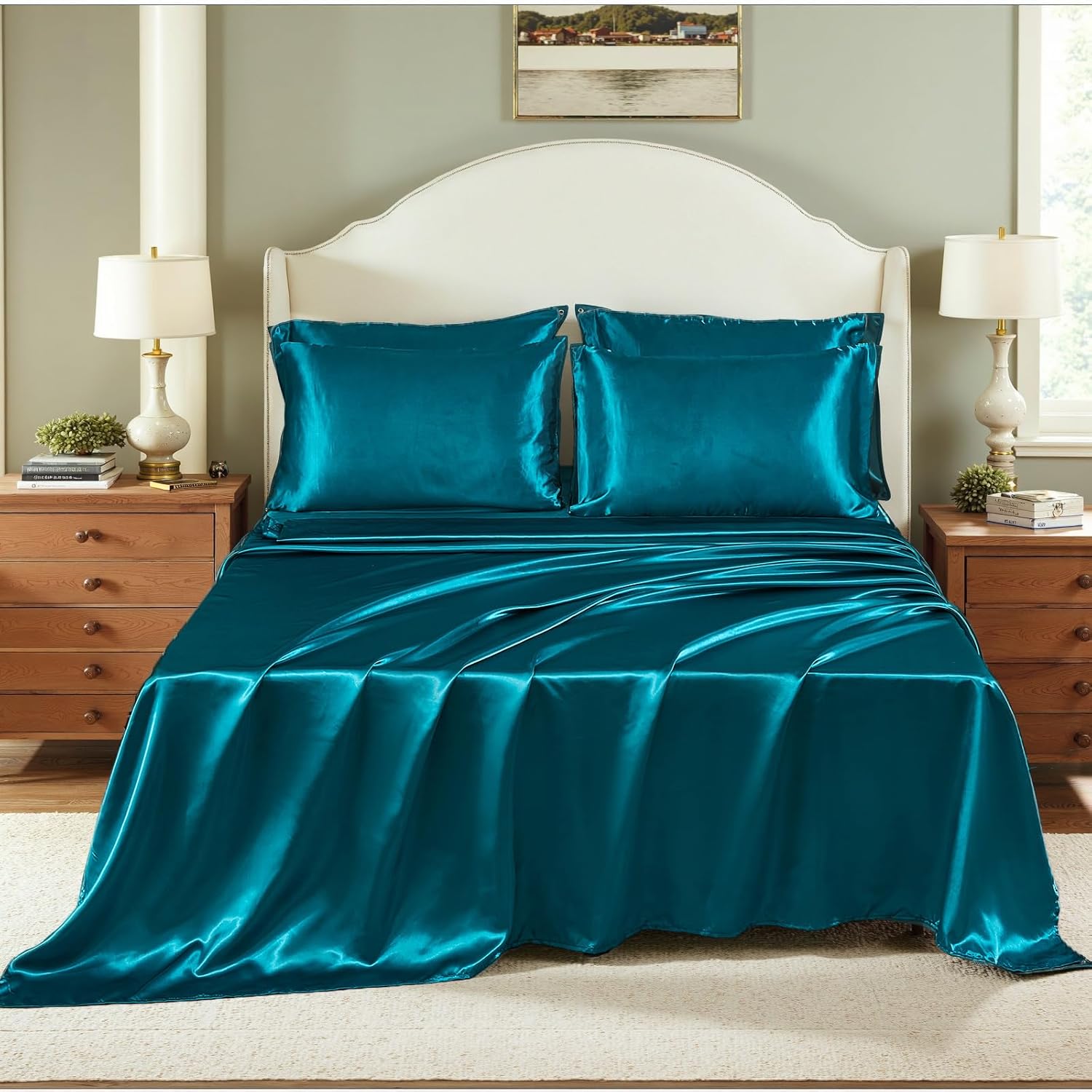 Bedding_Dreamer Satin Comforter Set Queen Size, 8 Piece Bed in a Bag Peacock Green with Sheets, Silky Soft Polyester Satin Bedding Set, Lightweight, 16 Inch Deep Pocket, Fresh Coastal Style