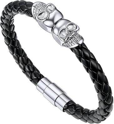 U7 Mens Leather Bracelet with Stainless Steel Clasp, Leather Cuff Bracelet in Skull or Wrap Style Black Bracelets for Husband