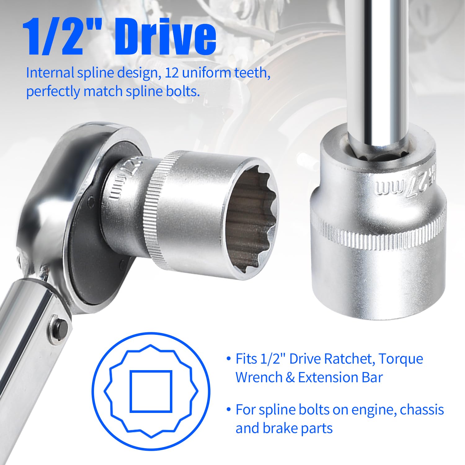 Set di 21 chiavi a bussola scanalate, attacco da 1/2" metrico 8-36 mm, kit di chiavi a bussola a 12 punti Cr-V multi-dente