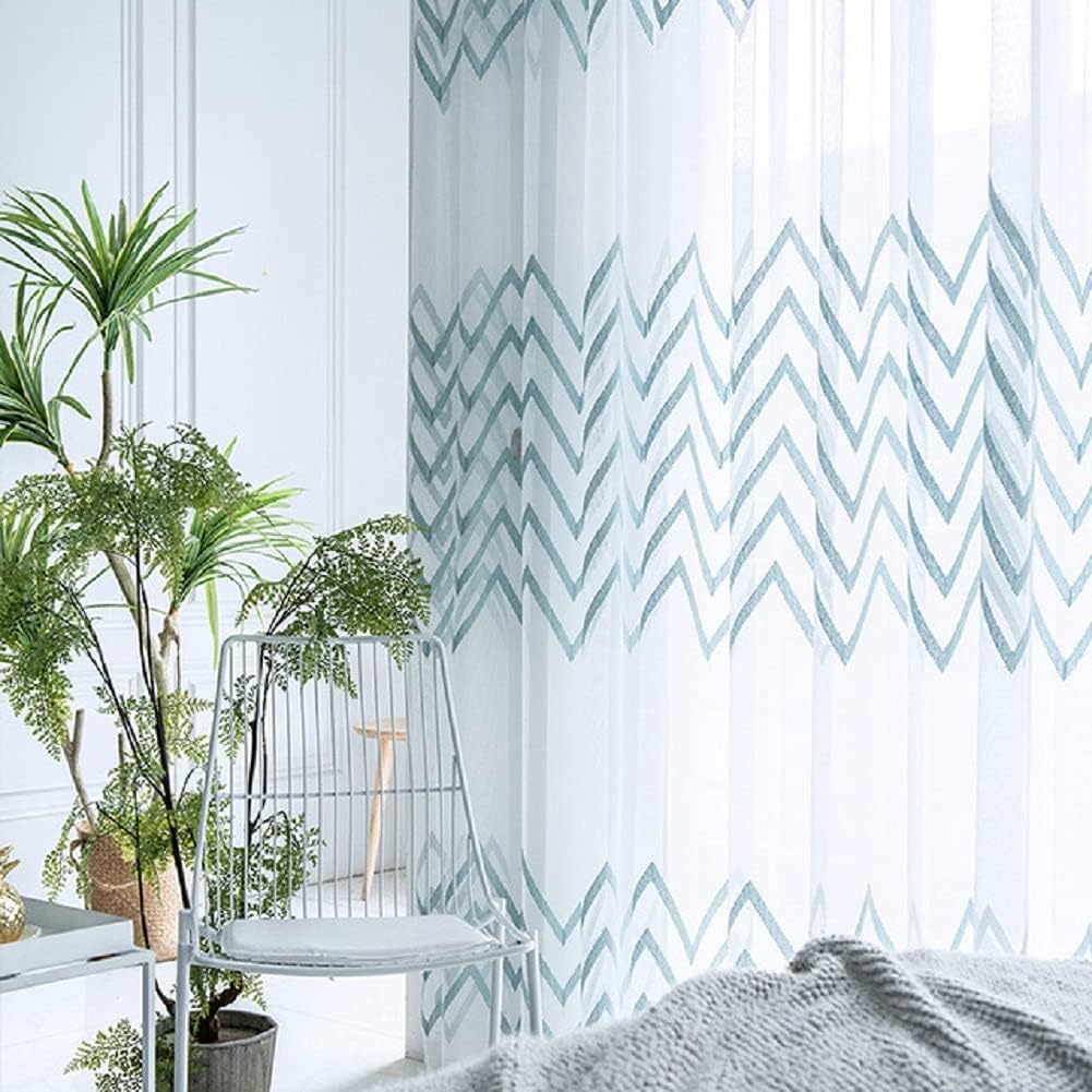 HooHero Blue Nordic Elegant Design Sheer Curtains Window Treatments Rod Pocket Top for Kids Nursery Room Zig Zag Embroidery