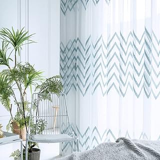 Blue Nordic Semi Liner 52 Width Sheer Curtains Home Decoration Rod Pocket Top Customzied Supportted Tulle Zig Zag Embroidery