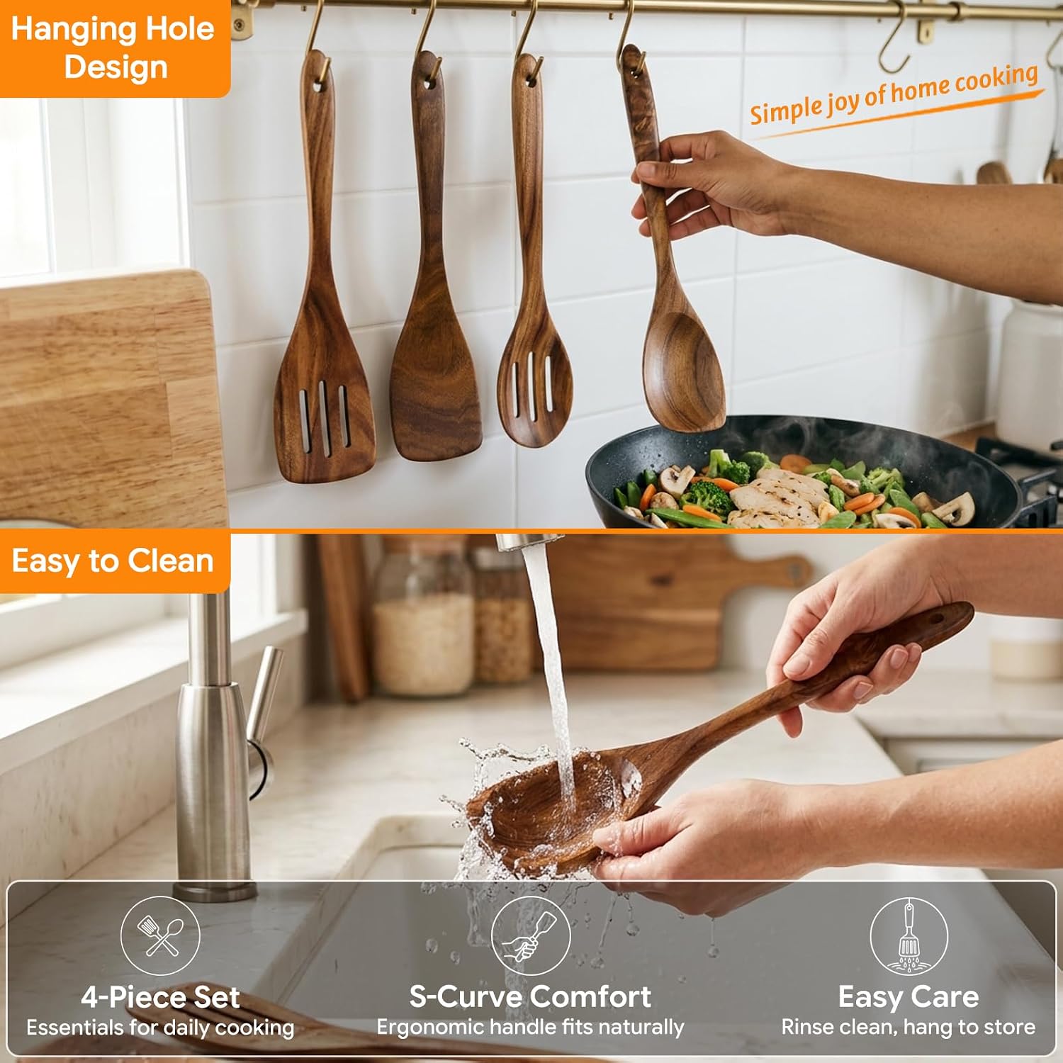 Wooden Spoons for Cooking, Acacia Wood Kitchen Utensils Set 4-Piece