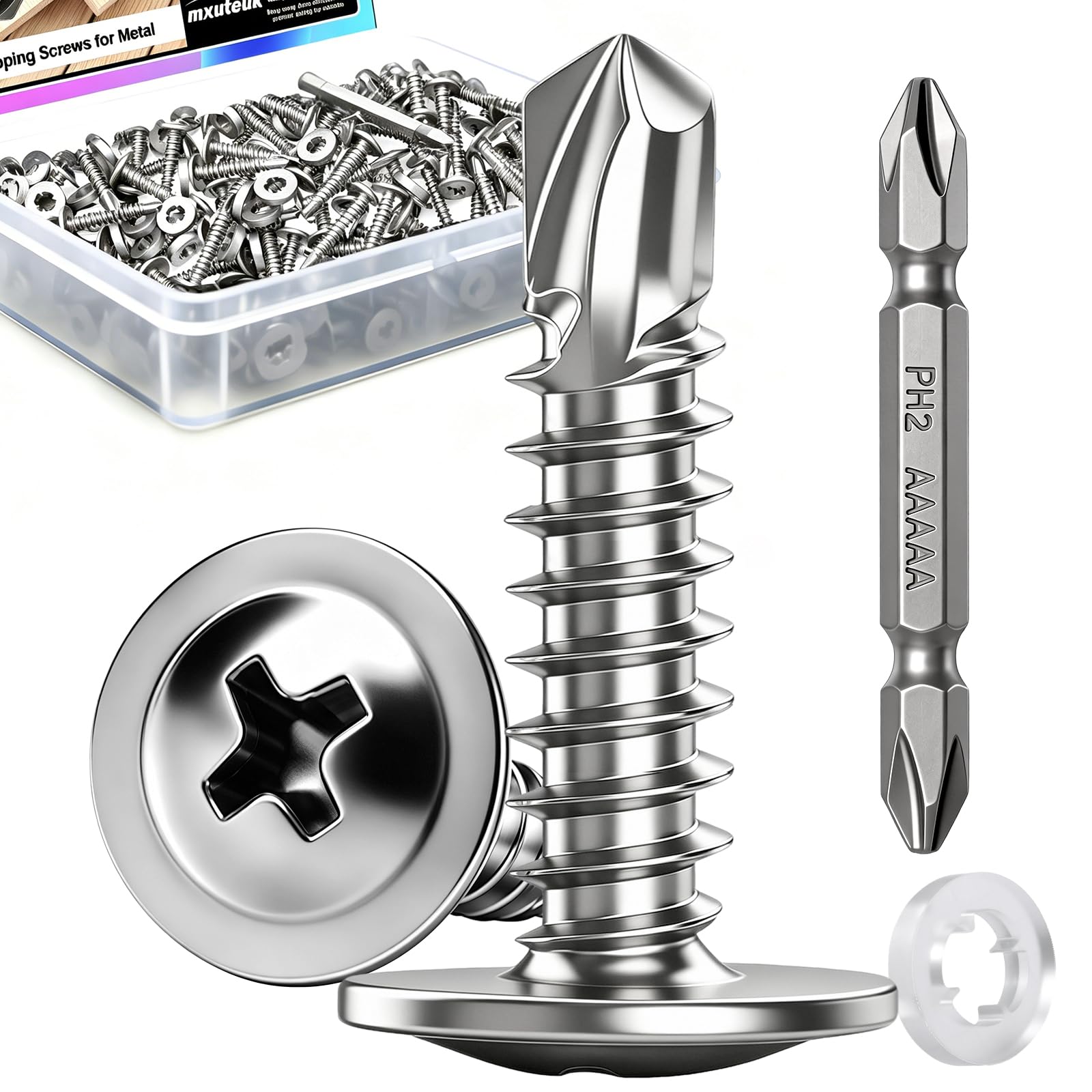 mxuteuk 230PCS #8 Self Tapping Screws for Metal,410 Stainless Steel Self Drilling Screws,1/2",5/8",3/4",1",1-1/4" Truss Head Sheet Metal Screws with Rubber Washers for Metal,Plastic,Wood(115pcs Sets) — Amazon image 8