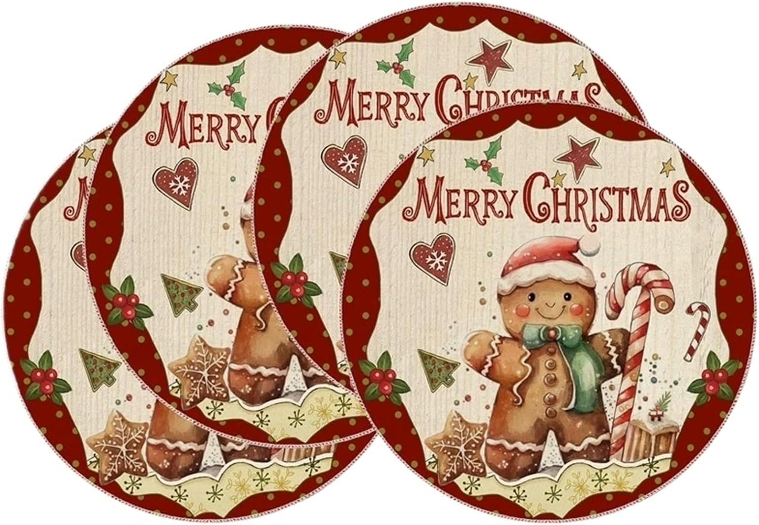 Merry Gingerbread Man Winter Xmas Round Placemats Table Mats for Party Home Kitchen Dining Table Decorations 14 Inch(3p,4PCS)