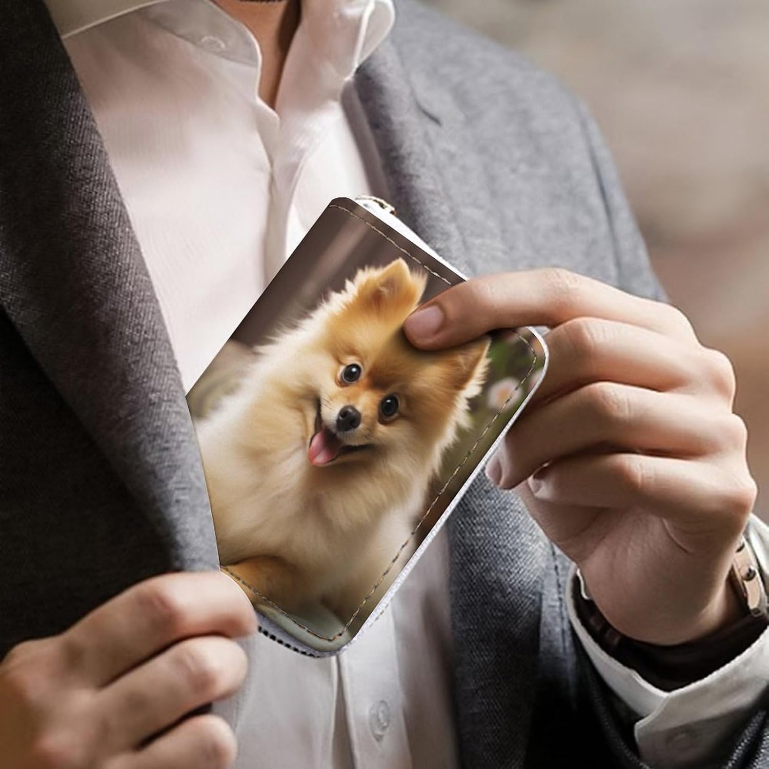 Leather Card Organizer Case Card Wallet Credit Card Holder Cute Pomeranian Dog Printed Zipper Card Cases Holder for Women Men