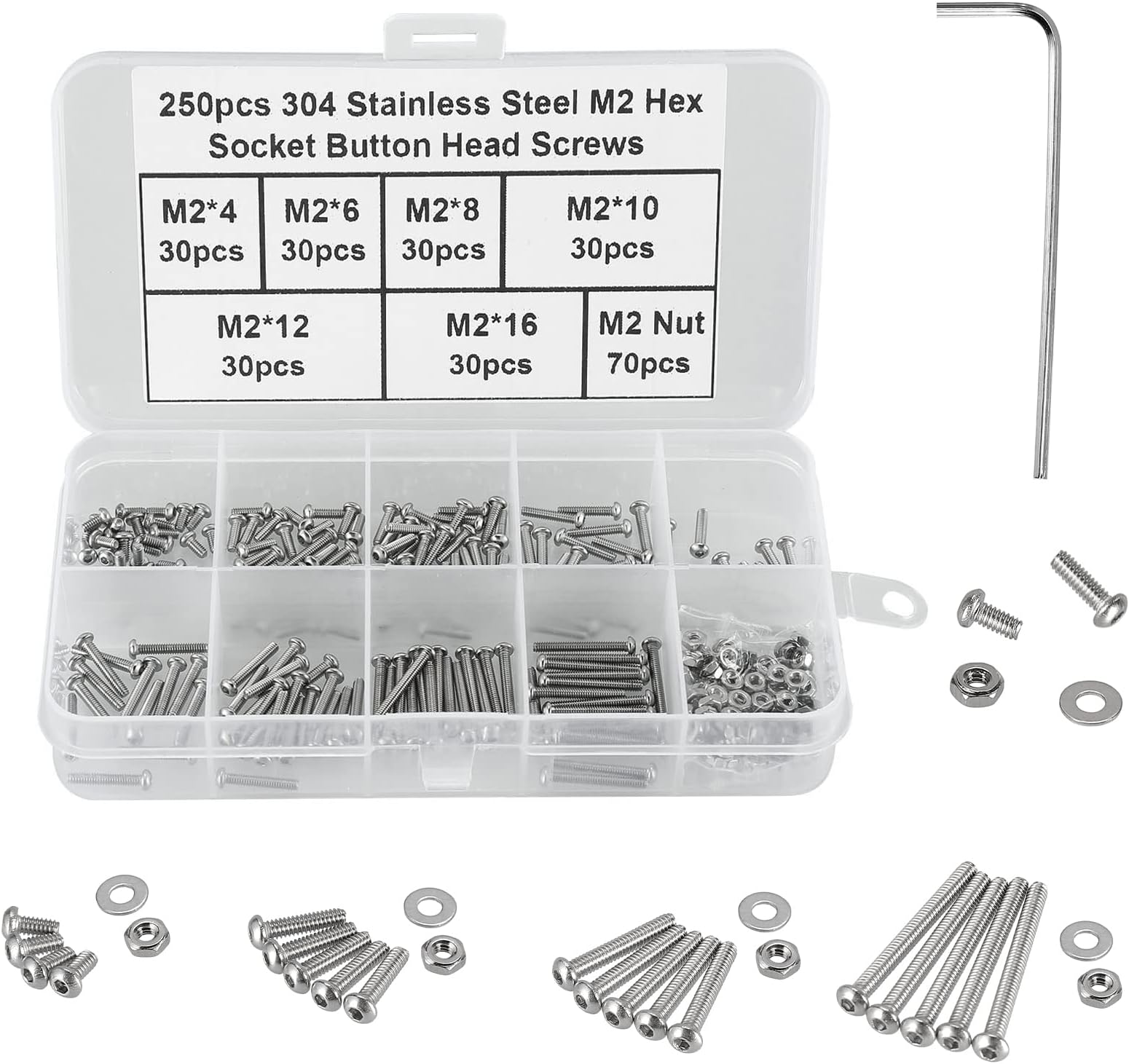 – 250Pcs M2 Bolts and Nuts Set,Button Head Machine Screws ISO 7380 Allen Screws, 304 Stainless Steel Hex Bolts and Washers Set Fully Threaded With 1 Allen Keys.