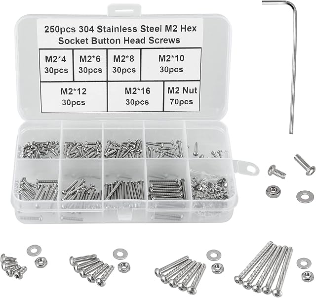 FandWay 250PCS M2 Button Head Hex Socket Screws,304 Stainless Steel Fully Threaded Machine Screws,Small Pan Head Internal Hex Screws, Bolts and Nuts Washers Assortment Set with Hex Wrenches.