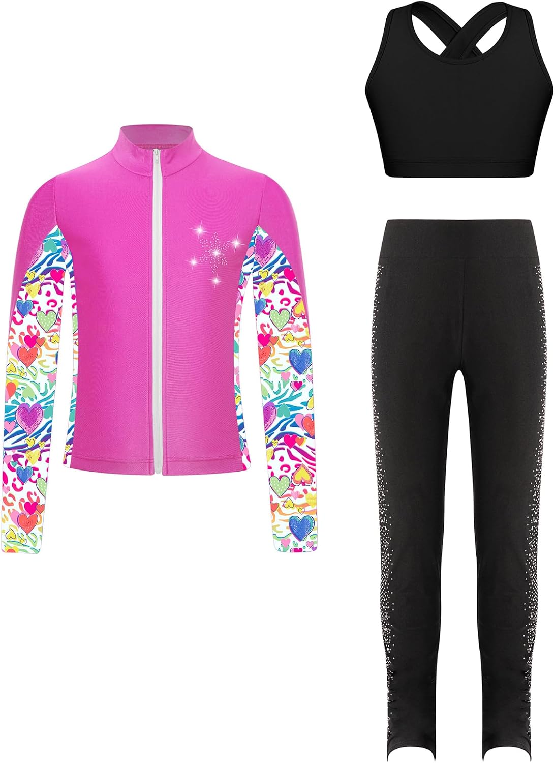 Kids Girls Long Sleeve Zipper Jacket Crop Top Vest with Sparkly Rhinestones Leggings Sport Suit