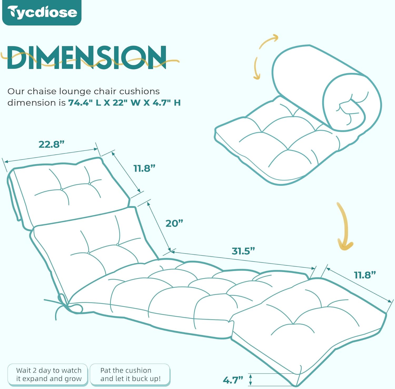 outdoor chaise lounge chair cushion waterproof 74.4 x 22 x 4.7 inches memory foam lounge chair cushions replacement for outdoor furniture with ties, thickened pool lounge chair cushion, teal teal 74.4" l x 22" w x 4.7" h