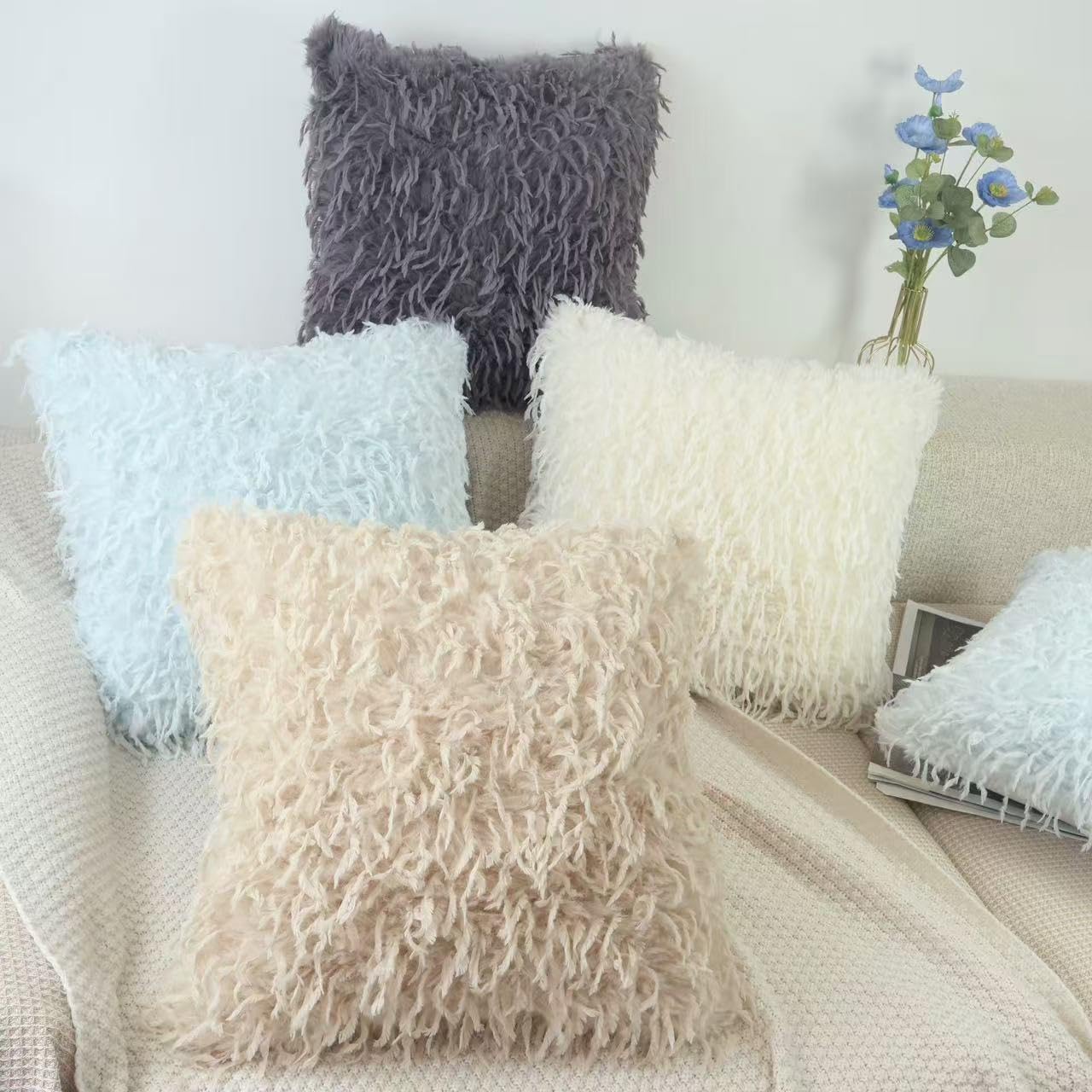 OYIMUA Faux Feather Throw Pillow Covers 18x18 Cream White Set of 2 Fluffy Decorative Luxury Modern Pillow Covers for Couch Bed Living Room - Image 8