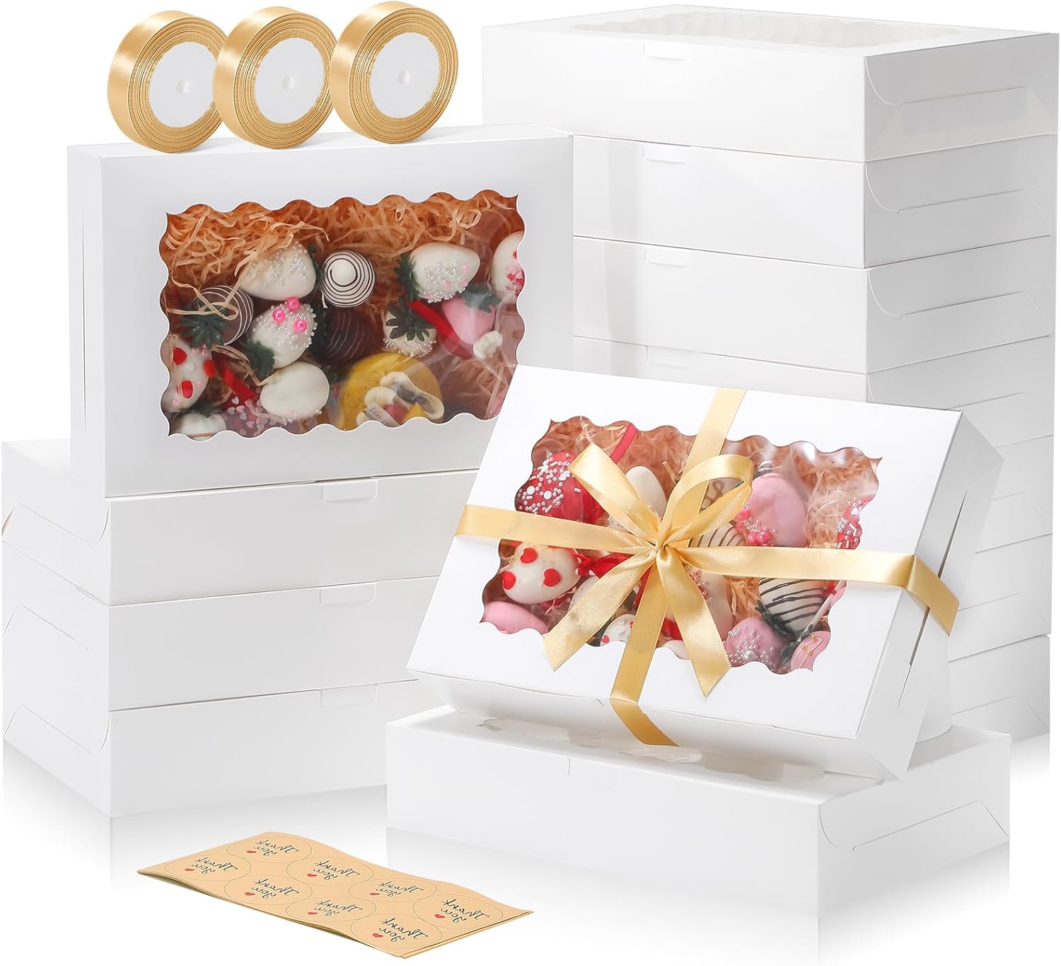 24pcs Cookie Boxes with Window, 16x11x2.5 in Large Auto-Popup Bakery Boxes with Ribbon and Sticks for Treats, Desserts, Chocolate Covered Strawberries, Pies, Muffins, Donuts