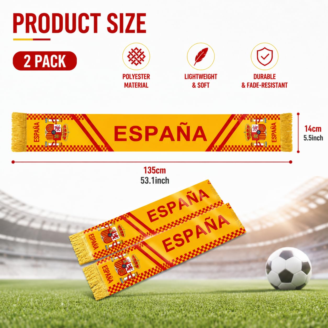 YESAH 2P España Bufanda,Bufanda de Apoyo a la Selección Nacional de España,Estampado a Doble Cara,Colores de la Bandera para Eventos Deportivos,Copa del Mundo.