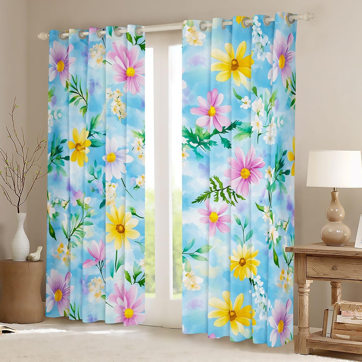 Lot de 2 rideaux de fenêtre XXL - 260 x 140 cm - Aquarelle - Motif fleurs sauvages - Rideaux occultants - Dreamy Sky - Pour adultes et enfants