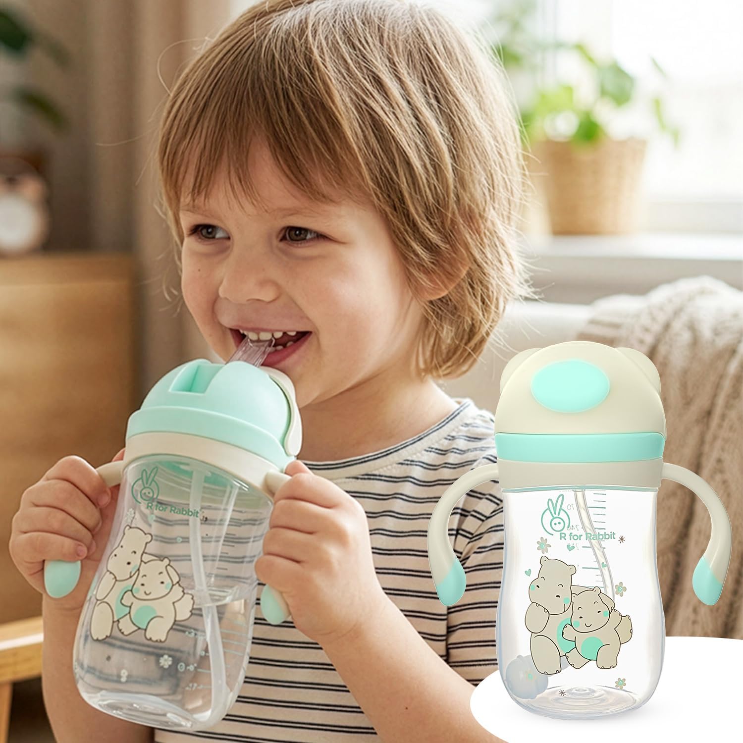 R for Rabbit Premium Hippo Straw Sipper Bottle |10 fl oz | Anti Spill Sippy Cup with Soft Silicone Straw BPA Free & Non Toxic for Kids of 12 Months -(300 ml Green)