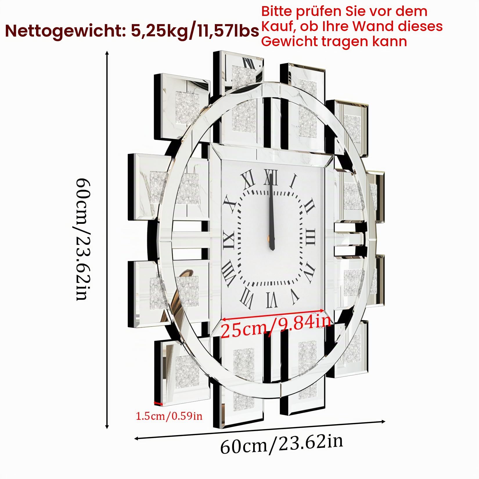 Kristall Wanduhr Groß Modern: Deko Uhren 60×60, Luxus Wohnzimmer Wanduhren Silber Tickenfreies Design Römische Ziffern für Wohnzimmer, Schlafzimmer, Küchen