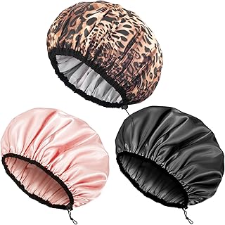 Auban Shower Cap, Large Shower Cap for Women Reusable, Adjustable Size Double-Layer Waterproof Bath Hair Cap for All Hair lengths, 3 Colors