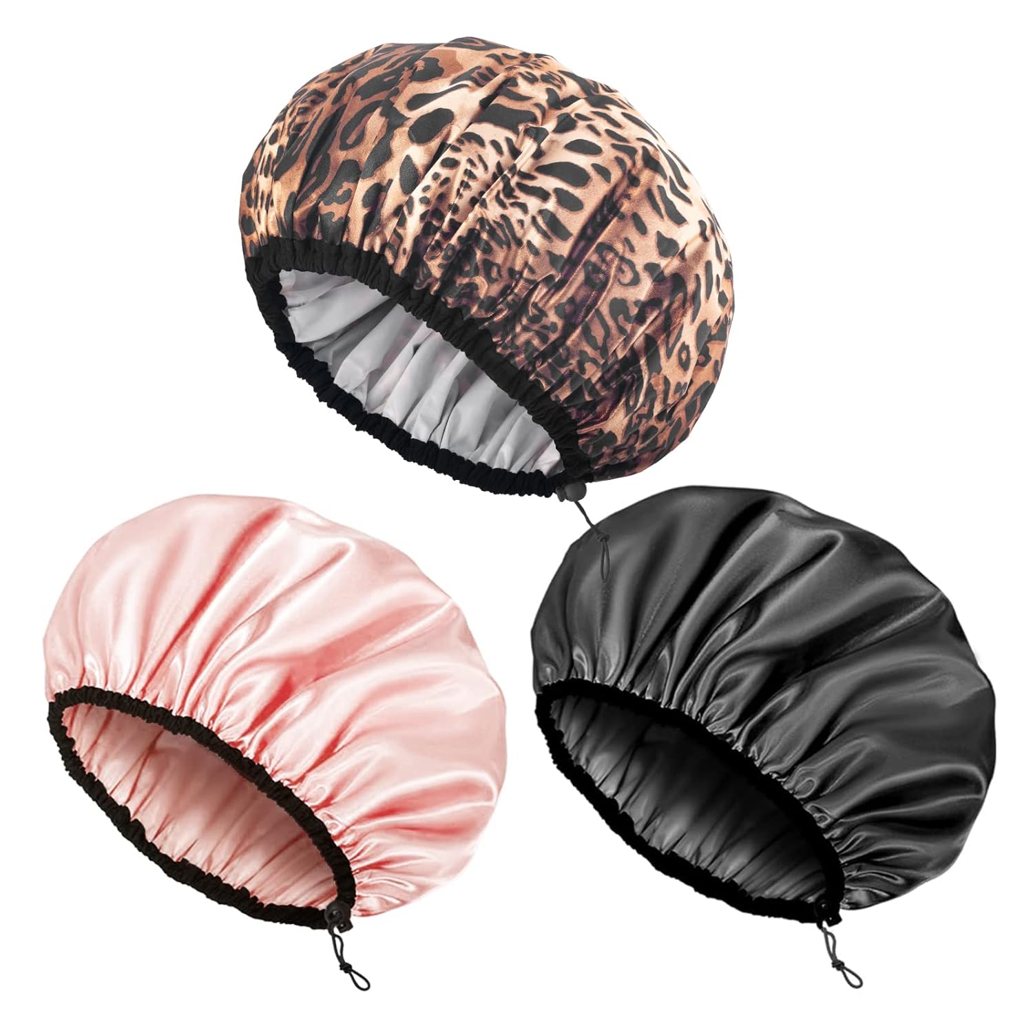 Auban Shower Cap for Women, Adjustable Reusable, Extra Large, Double-Layer Waterproof Bathing Cap, Waterproof Exterior, EVA Lining, Hair Cap for All Hair Lengths, 3 Colors Leopard-champagne-black