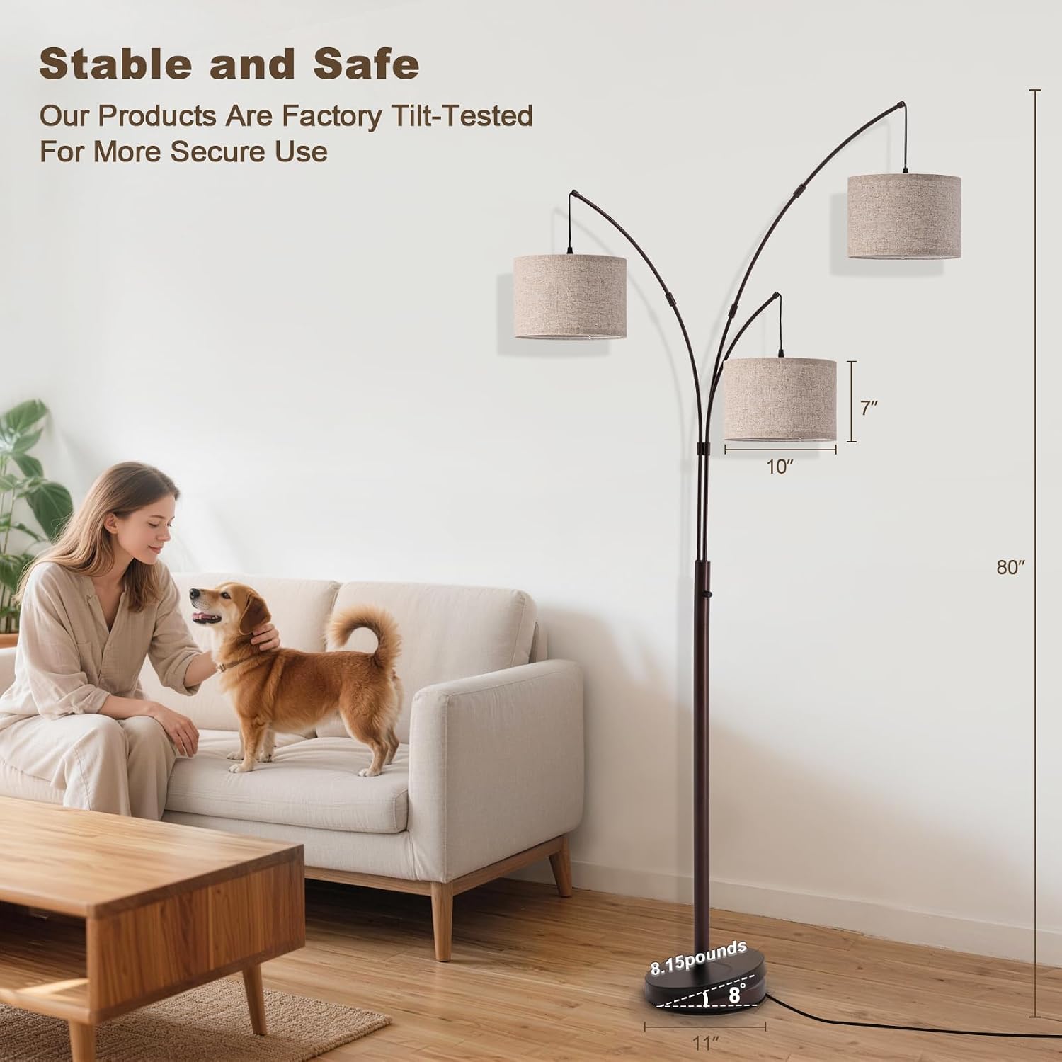 Netin 3 Light Arc Floor Lamps for Living Room, Dimmable Floor Lamp with Remote Control, Modern 80" Tall Standing Lamp, 3 Color Temperature, Mid Century Tree Floor Lamp for Bedroom, Office (Brown)