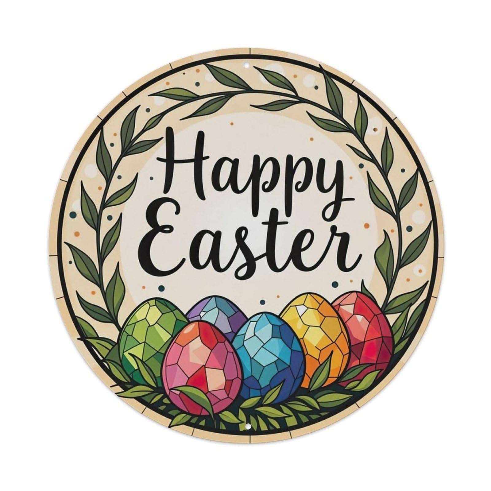 Happy Easter Eggs Leaves Circle Metal Tin Sign