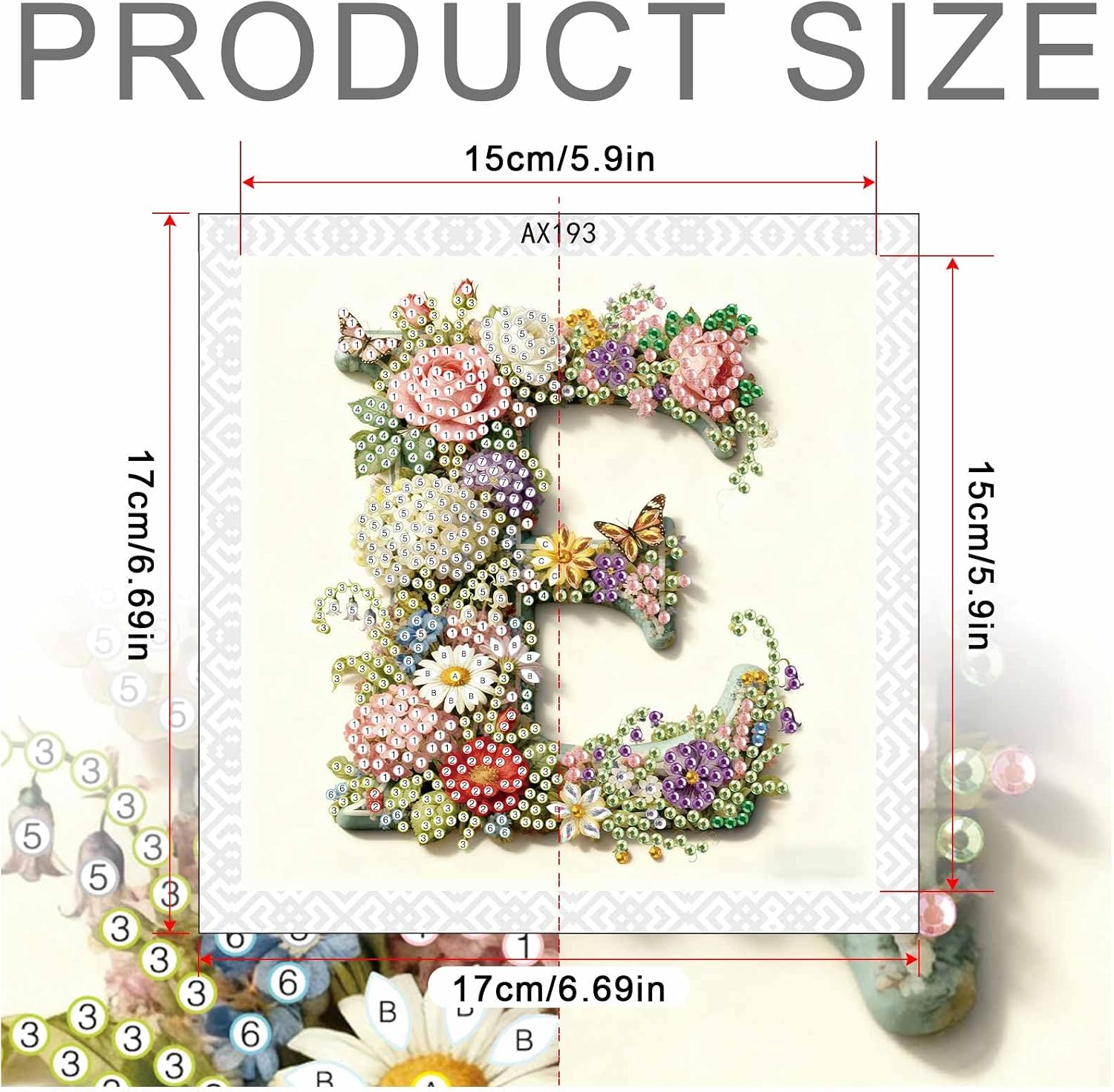 antor Floral 5D Diamond Art Kits for Adults Letter E, Elegant Alphabet Special Shape Diamond Painting Kit for Beginner, DIY Crystal Rhinestones Gem Art for Home Wall Decor 17x17cm image 2