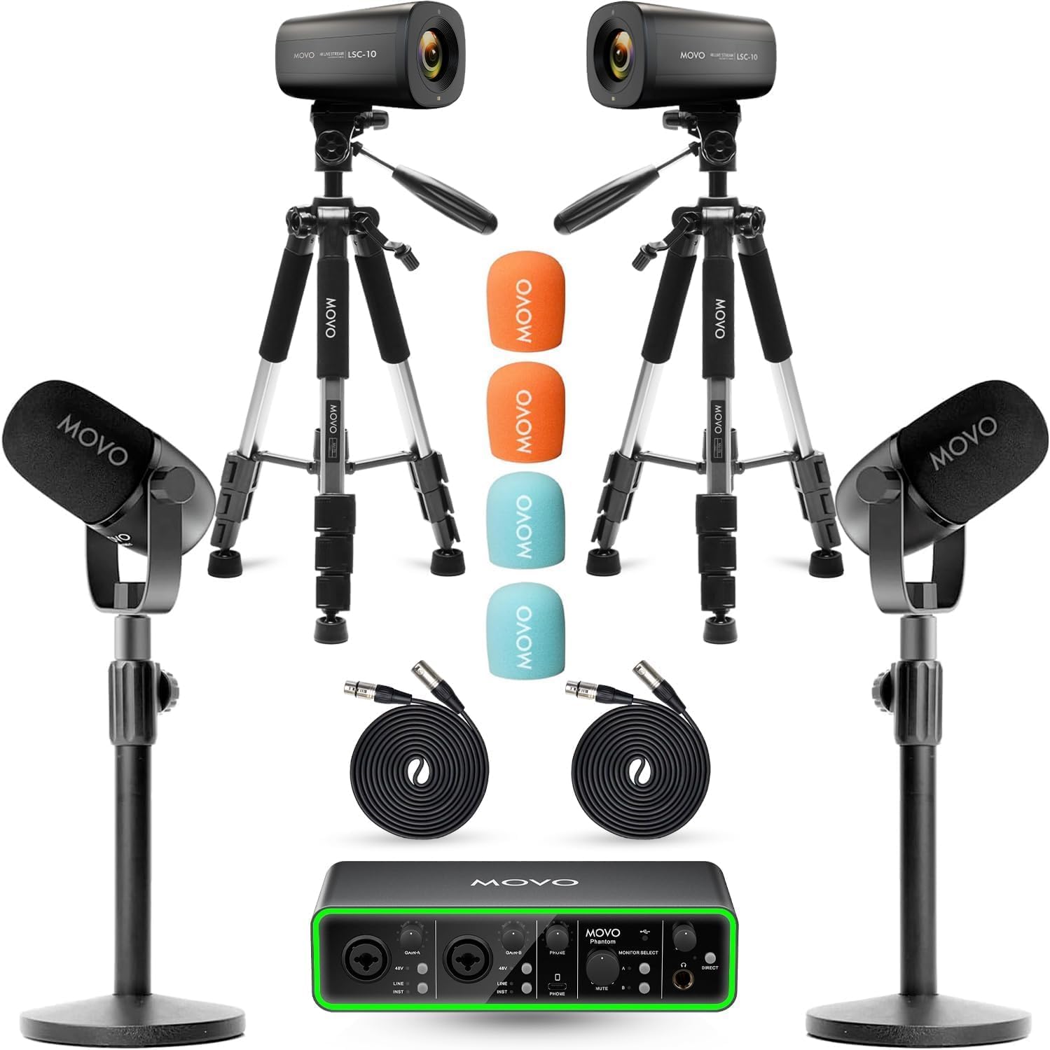 Movo Video Podcast Equipment Bundle – USB Audio Interface, 2 XLR Dynamic Microphones, 2 4K UHD Cameras, 2 Desk Stands – Complete Podcast Setup