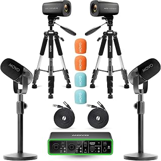 Movo Video Podcast Equipment Bundle – USB Audio Interface, 2 XLR Dynamic Microphones, 2 4K UHD Cameras, 2 Desk Stands – Complete Podcast Setup