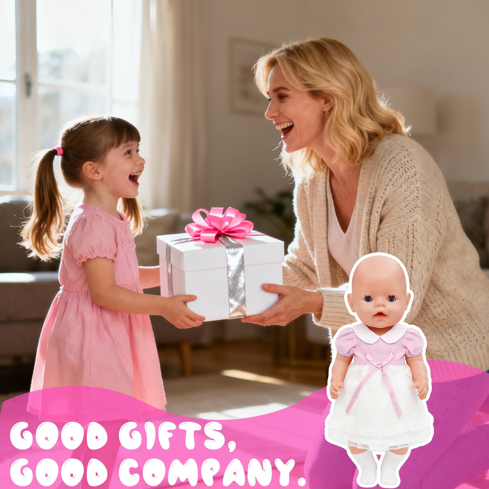 Ubranie dla lalek dla lalek 35-43 cm, różowe ubranie dla lalek, urocza i urocza sukienka dla lalek, różowa spódnica gazowa, opaska na czoło z kokardką, skarpety, wieszak na ubrania
