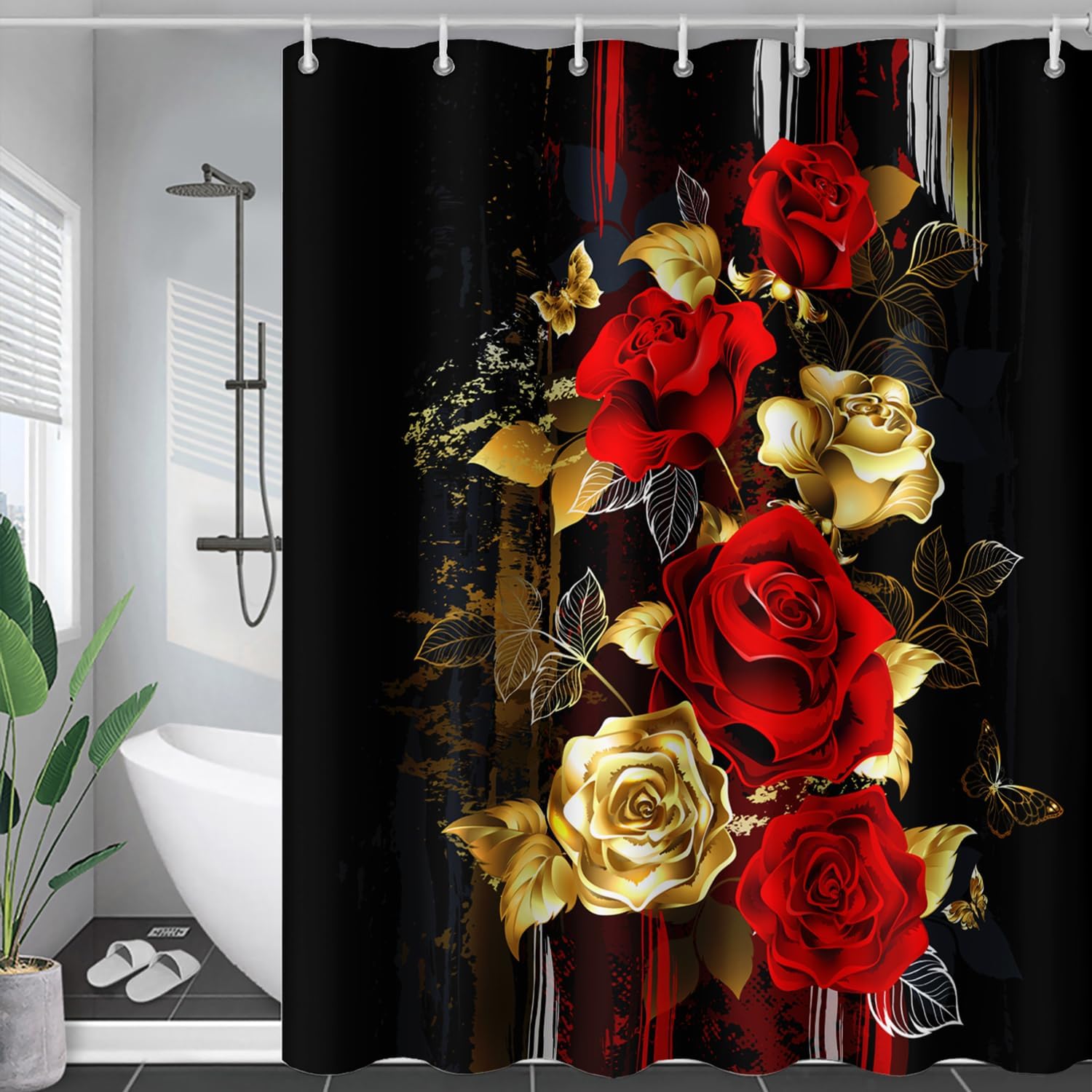 AILONEN Red and Gold Rose Flower Shower Curtain for Bathroom,Romantic Rose Botanical Flower Bath Curtain,Black White Striped Rose Waterproof Shower Curtain, 72" W x 78" H