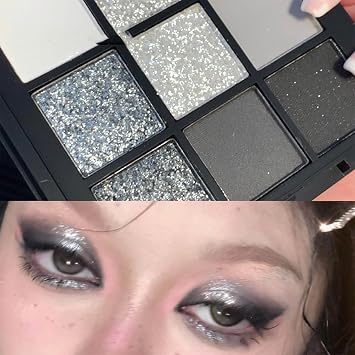 9-Color Smokey Eyeshadow Palette | Black, Dark Grey, White & Silver Shades, Waterproof & Highly Pigmented | Long-Lasting Makeup with Mirror for Women