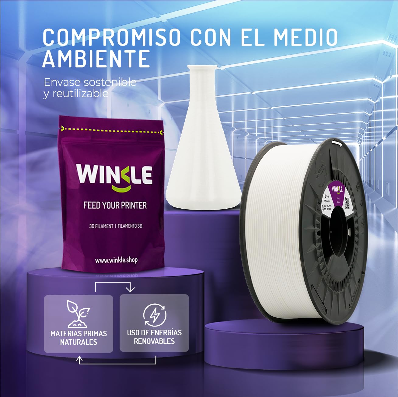 WINKLE Filamento Polipropileno 1.75mm Blanco 1.5kg, Filamento Impresora 3D | Filamento PP, Resistencia a Humedad y Químicos, Fabricado en España, Precisión Dimensional +/- 0.05mm, Bobina 1.5kg