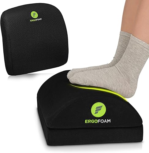 ErgoFoam Reposapiés ajustable (redondeado, terciopelo, negro) y almohada de apoyo lumbar
