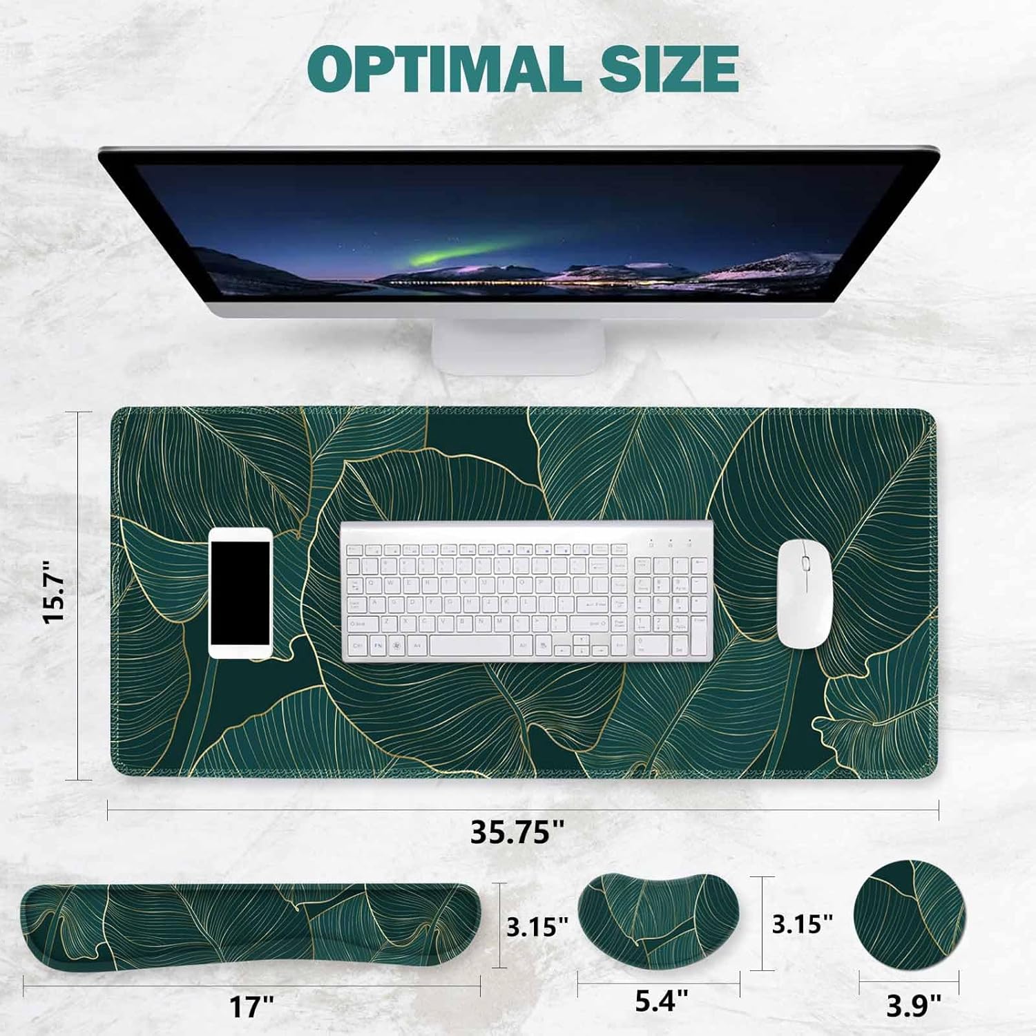 ToLuLu Extended Gaming Mouse Pad, Memory Foam Ergonomic Keyboard Mouse Wrist Rest Support Set, Large Desk Mat with Stitched Edges, Non-Slip Base Mousepad for Home Office Game, Green Golden Leaves