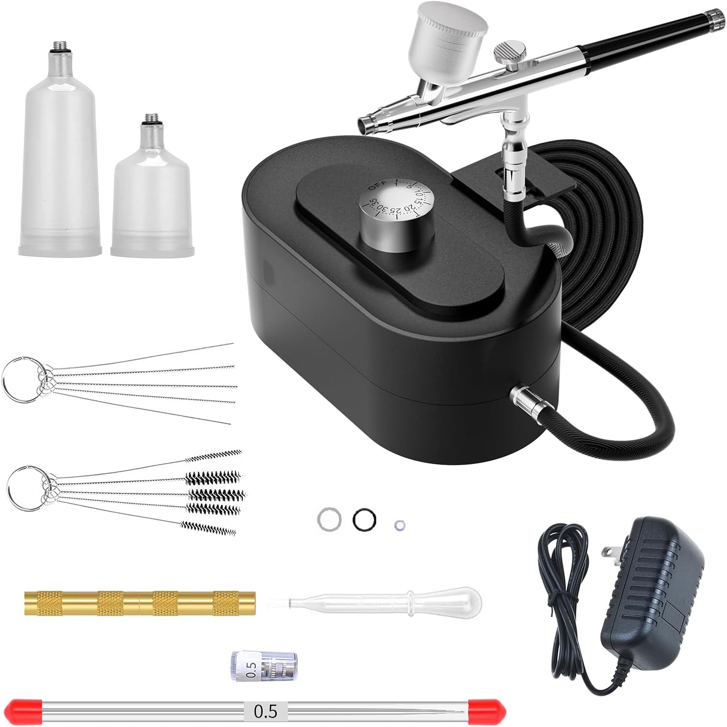 Airbrush Gun Kit with Air Compressor - Small Plug-in Dual-Action Spray Paint Gun, Includes 0.2/0.3/0.5mm Nozzles for Nail Art, Furniture Repair & Artistic Painting (Standard Set)