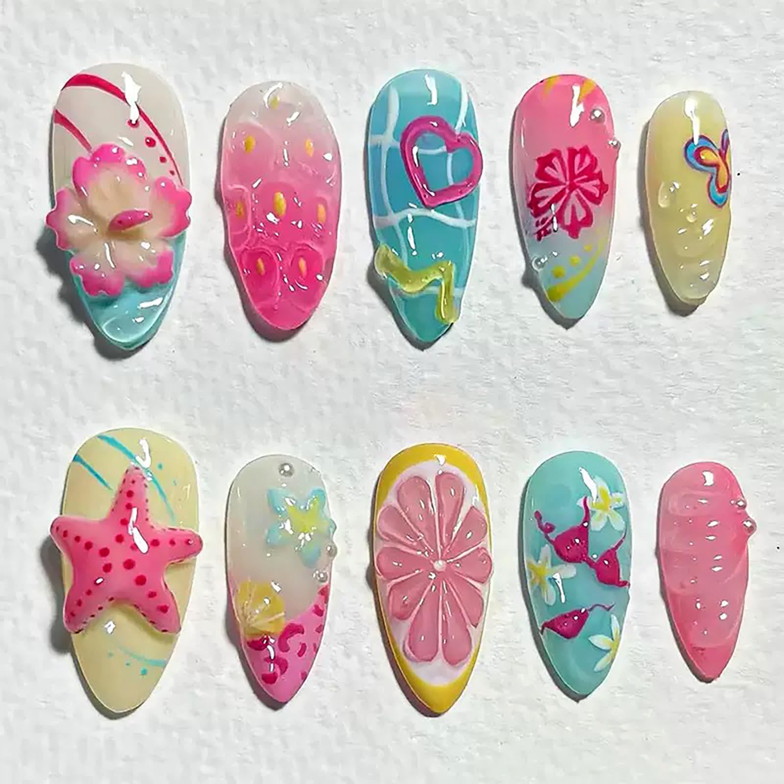 30Pcs Handmade Almond Press on Nails Medium French Tip Fake Nails Summer False Nail with Flower Starfish Design Handmade Acrylic Nails Press ons Beach