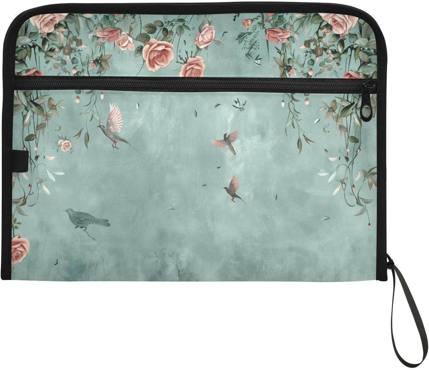 Retro Floral Expanding File Folder with Color Bar Label 13 Pocket Accordion Document Organizer Zip File with Zipper Closure Front Pocket