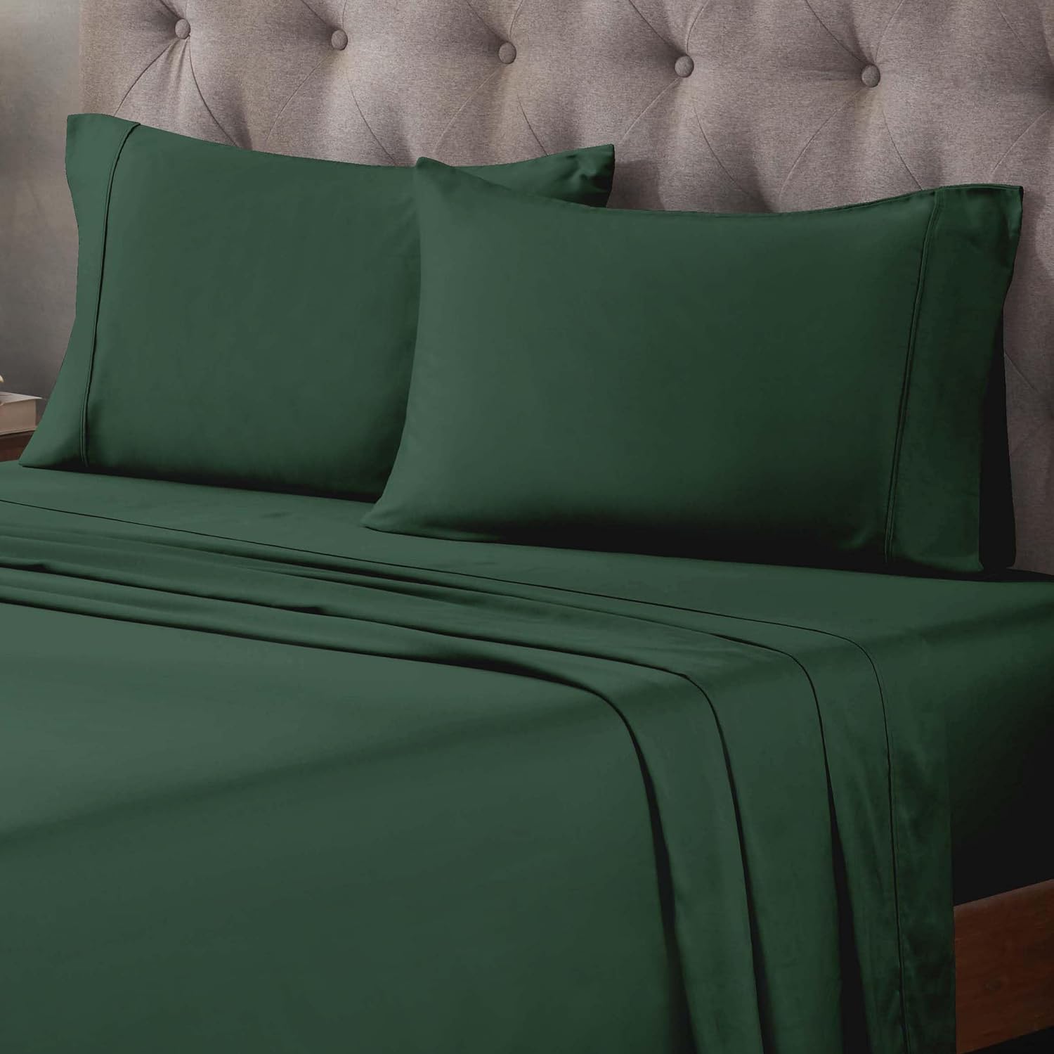 Superior Egyptian Cotton 400 Thread Count Bed Sheet Set, 1 Elastic Deep Pocket Fitted Sheet, 1 Flat Sheet, 2 Pillowcases, Soft Bedding, Luxury Sheets, Sateen Weave, King Size, Hunter Green