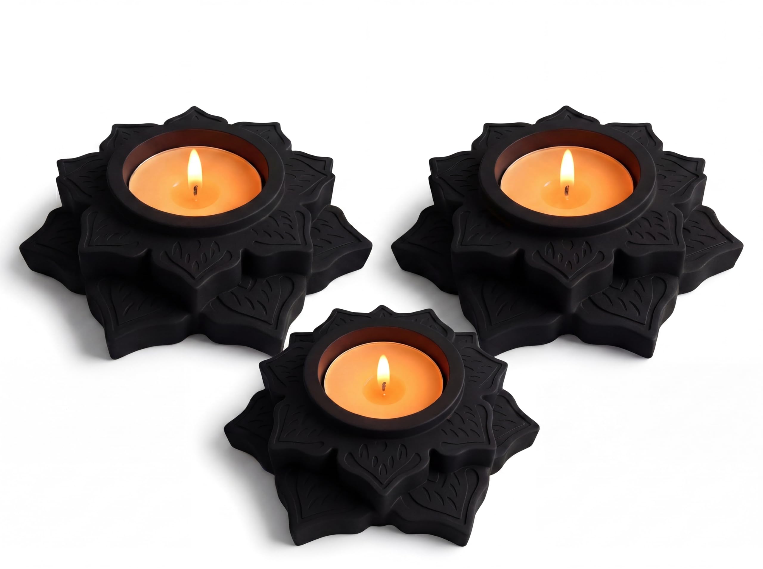 Tealight Candle Holders Set of 3 – Handcrafted Black Stone Powder Candle Holders | Rustic Modern Home Décor | Table, Shelf & Living Room Display | Housewarming & Birthday Gift
