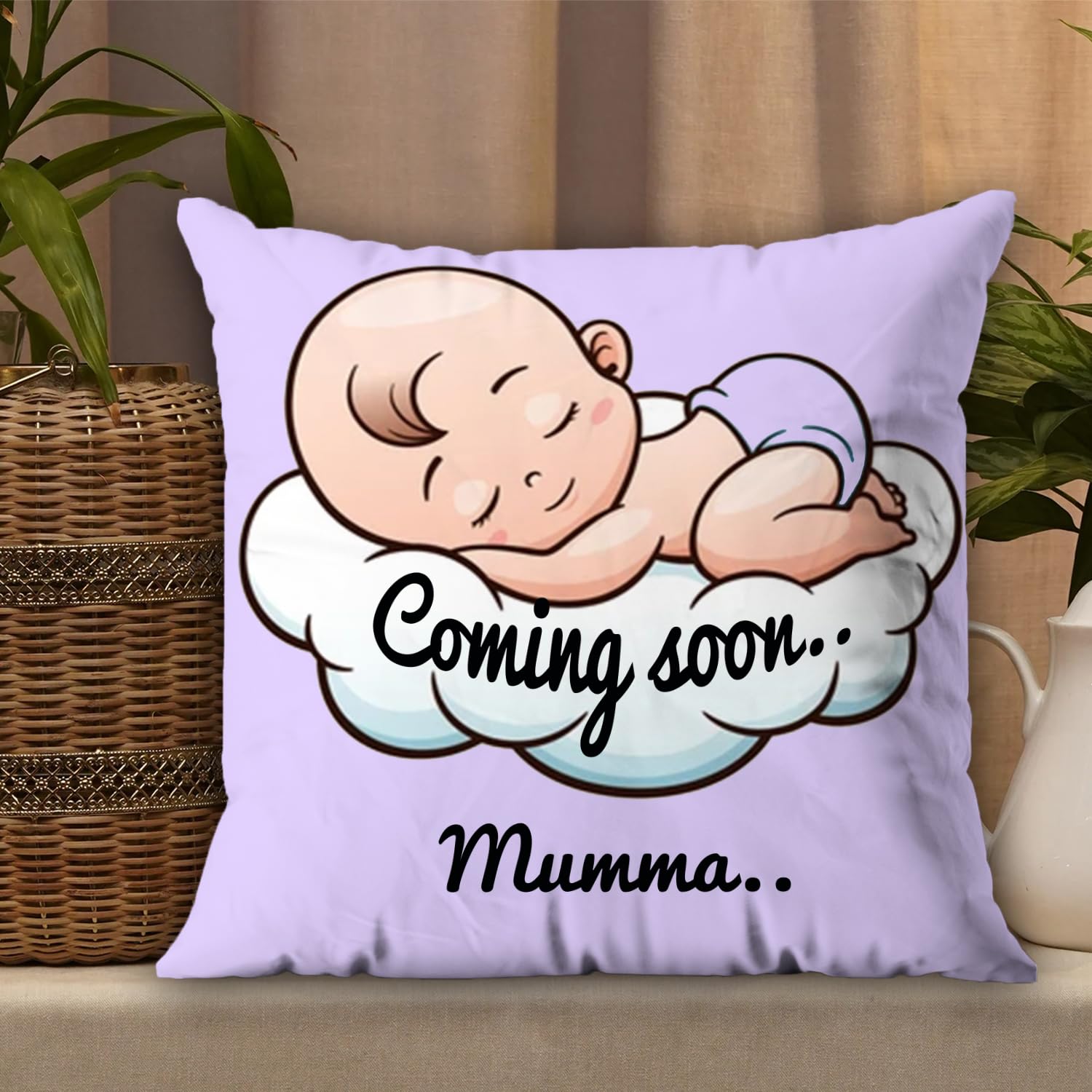 AWANI TRENDS Coming Soon Mumma Pregnant Gift for Wife Women Sister Pregnancy Gift for Baby Shower Printed Cushion Cover(12 X 12 Inch) with Filler-Lavender