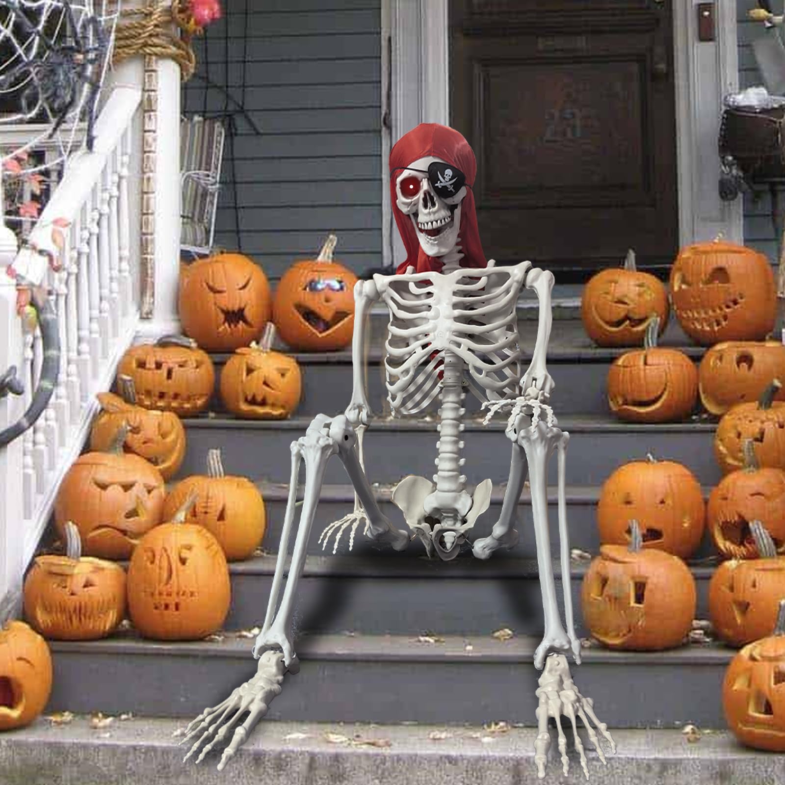 Scheletro Di Halloween Posabile 165 Cm – Grandezza Naturale, Giunti Mobili, Con Bandana E Outfit Pirata