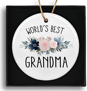 Grandma Gifts Ceramic Ornaments，World's Best Grandma Gifts for Thank You Christmas Tree Holiday Mother's Day, Floral Flower Hanging Ornament Keepsake Decorations Decor 3in
