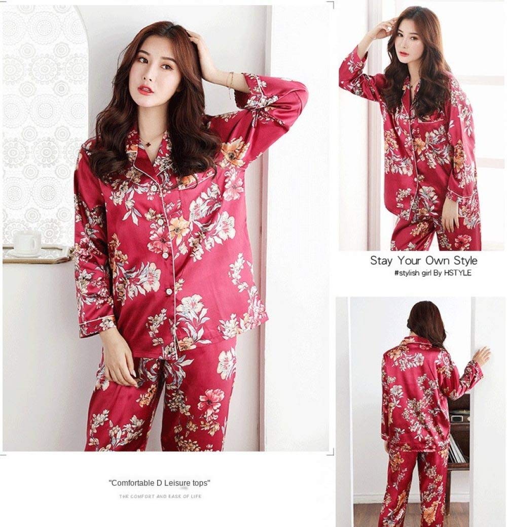 Pijamas De Mujer,Conjunto De Pijama De Satén De 2 Piezas Sexy Con Cuello En V Estampado De Flores Seda Con Botones Ropa De Dormir Pantalones De Manga Larga Conjunto De Ropa De Dormir Ropa De Dormir